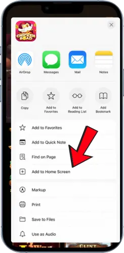Add to Home Screen option for Chicken Road in the Safari menu