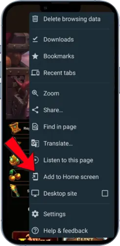 Android browser menu opened on the Chicken Road website